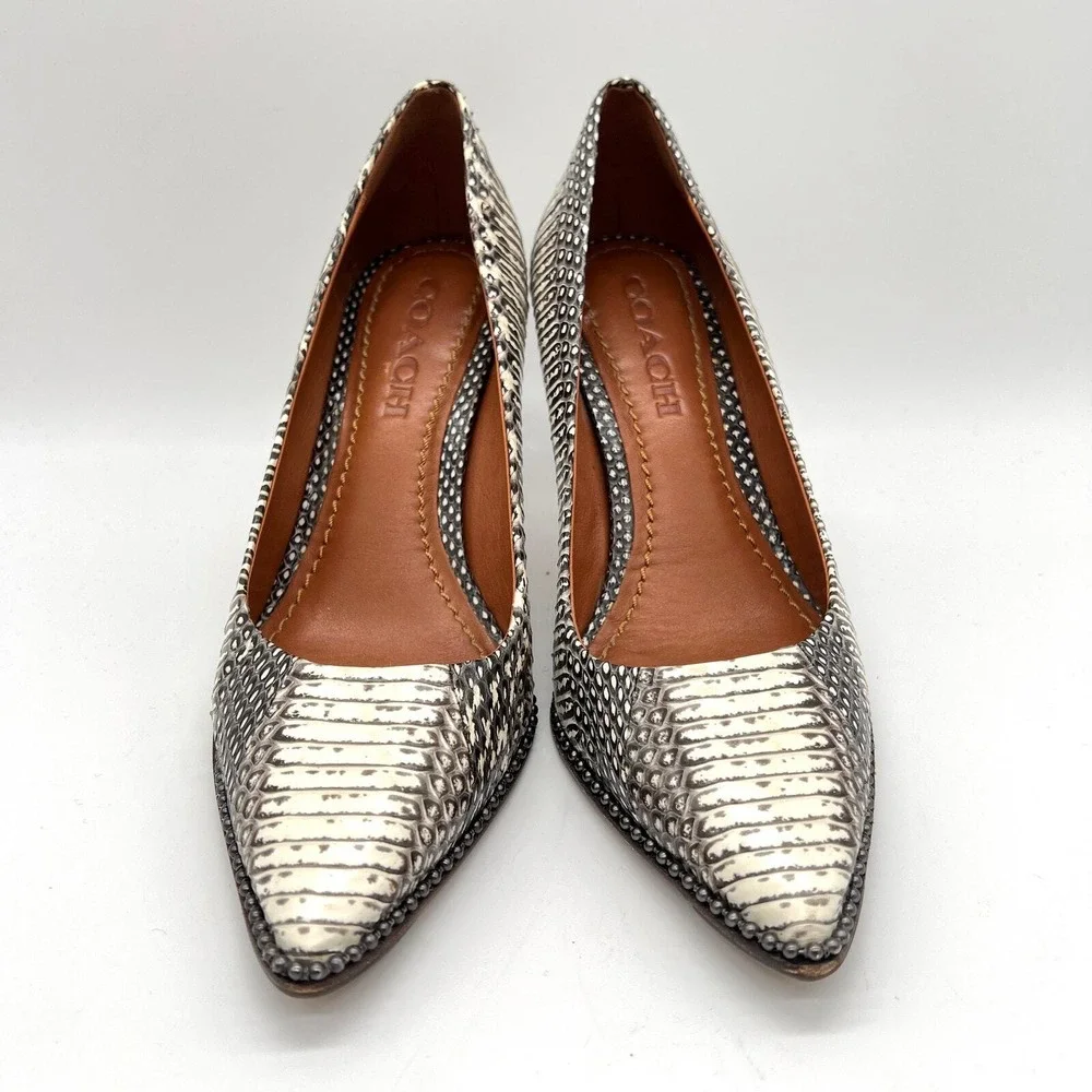 COACH Pumps Women 6 Black White Snakeskin Print Stiletto Pointed Toe Beadchain